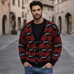 GCDS Men's Cardigan Sweater Intarsia Knit Logo Black Red Roses Size L Italy $639